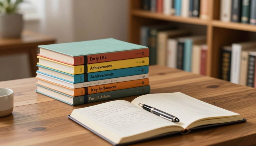 A beautifully arranged workspace showcasing the essential elements of a successful biography. In the foreground, a sleek wooden desk is adorned with an open notebook filled with neatly handwritten notes. A classy fountain pen rests beside it. In the middle ground, a vibrant stack of colorful indexes lists key biographical elements such as "Early Life," "Achievements," and "Key Influences." Soft, warm lighting floods the scene, creating a welcoming atmosphere. In the background, a cozy bookshelf filled with biographies and reference books invites exploration and inspiration. The lens captures a medium angle view, ensuring the details are crisp and engaging. The mood is professional yet inviting, perfect for illustrating the nature of biographical storytelling.