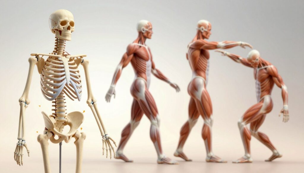 A detailed illustration of the human locomotor system, focusing on the movement, posture, and protection aspects. In the foreground, a well-defined anatomical model showcases bones and muscles, with arrows indicating movement directions. The middle ground features representations of the muscular system in action, highlighting key muscle groups engaged in various activities like walking and balancing. The background is a soft gradient, suggesting an abstract environment that emphasizes motion. Use natural lighting to create a sense of realism and depth, with a medium shot angle to capture both the intricacies of the model and the dynamic poses. The overall mood should be educational and inspiring, conveying the complexity and elegance of human movement and posture.