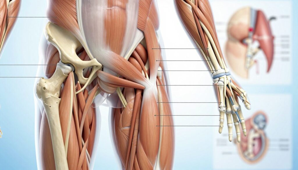 A detailed illustration of the human locomotor system, showcasing key components such as bones, muscles, joints, and tendons in a three-dimensional perspective. In the foreground, a transparent skeletal model displaying major bones and their connections to muscles, with intricate labels indicating different components. The middle ground features a close-up of muscle fibers around the joints, emphasizing their texture and density. In the background, a soft gradient of anatomical diagrams gives context to the components shown. The lighting is bright and focused, highlighting the textures and details, creating a clinical and informative atmosphere. Use a sharp lens that captures all anatomical details clearly, with a clean, professional look devoid of any distractions.