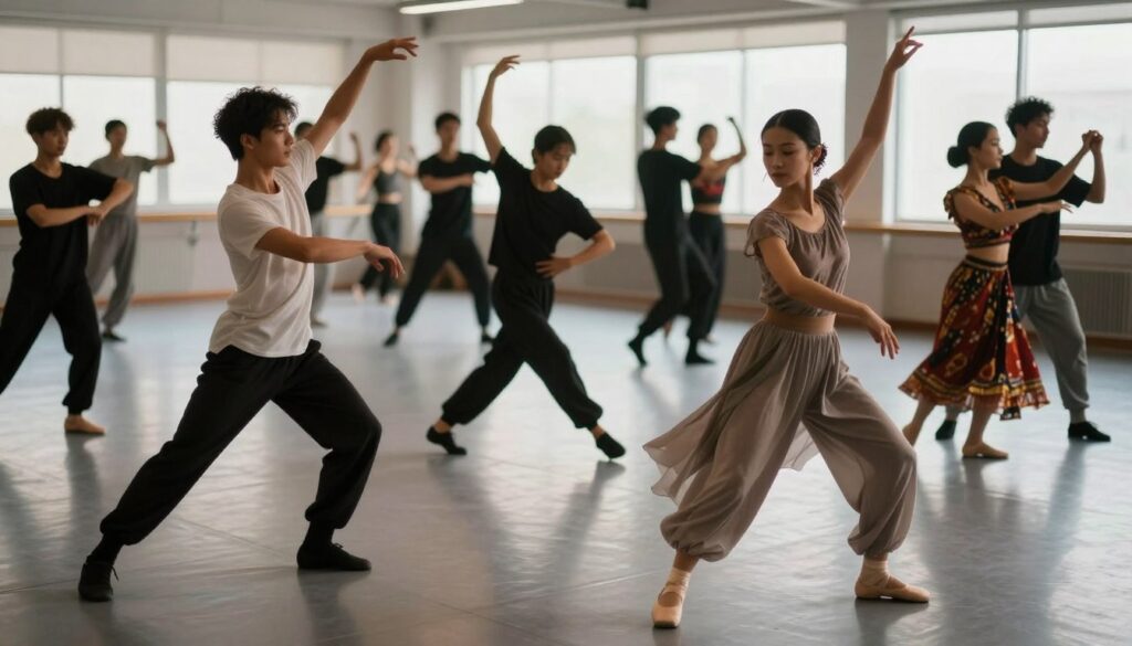 A dynamic dance scene showcasing diverse dance styles, highlighting the characteristics and techniques unique to each. In the foreground, two dancers in elegant, modest attire perform a sophisticated ballet pose, displaying grace and poise. In the middle ground, a contemporary dancer showcases fluid movements, portraying the expression and emotion of modern dance. The background features blurred silhouettes of different dancers engaging in various styles—hip-hop, jazz, and traditional cultural dances, all set in a well-lit, spacious dance studio. Natural diffused lighting filters through large windows, casting soft shadows, creating an inspiring atmosphere. Capture the energy and passion of dance with a focus on the balance between technique and expression, emphasizing the artistry involved in each movement.