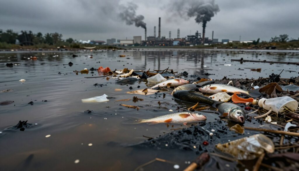 A polluted water scene illustrating the impacts of water contamination. In the foreground, murky water with visible plastic waste and oil slicks creates a sense of distress. The middle layer features various fish struggling amidst the debris, their scales reflecting the chaotic colors of the pollution. In the background, an industrial landscape with factories emitting dark smoke under a gray, overcast sky enhances the grim atmosphere. The lighting is dim and somber, casting long shadows that emphasize the severity of the situation. Capture this with a wide-angle lens to convey depth and scale, creating an emotional response that invites viewers to consider the consequences of water pollution. The overall mood is urgent and thought-provoking, raising awareness of environmental issues. A polluted water scene illustrating the impacts of water contamination. In the foreground, murky water with visible plastic waste and oil slicks creates a sense of distress. The middle layer features various fish struggling amidst the debris, their scales reflecting the chaotic colors of the pollution. In the background, an industrial landscape with factories emitting dark smoke under a gray, overcast sky enhances the grim atmosphere. The lighting is dim and somber, casting long shadows that emphasize the severity of the situation. Capture this with a wide-angle lens to convey depth and scale, creating an emotional response that invites viewers to consider the consequences of water pollution. The overall mood is urgent and thought-provoking, raising awareness of environmental issues.