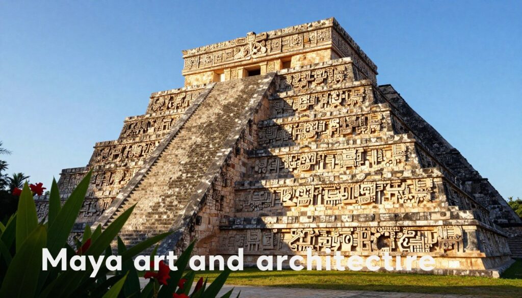 A stunning depiction of "Maya art and architecture," featuring a grand temple with intricate stone carvings showcasing traditional Maya motifs. In the foreground, lush green foliage and flowers set a vibrant scene, while in the middle ground, the temple rises majestically, highlighting its step pyramid structure and detailed hieroglyphs. The background encompasses a clear blue sky, casting warm sunlight that illuminates the stonework, creating intricate shadows that enhance the textures. This image should evoke a sense of reverence and wonder, inviting viewers into the rich cultural heritage of the Maya civilization. The overall atmosphere is peaceful and awe-inspiring, showcasing the timeless beauty of ancient Maya artistry and architecture. A stunning depiction of "Maya art and architecture," featuring a grand temple with intricate stone carvings showcasing traditional Maya motifs. In the foreground, lush green foliage and flowers set a vibrant scene, while in the middle ground, the temple rises majestically, highlighting its step pyramid structure and detailed hieroglyphs. The background encompasses a clear blue sky, casting warm sunlight that illuminates the stonework, creating intricate shadows that enhance the textures. This image should evoke a sense of reverence and wonder, inviting viewers into the rich cultural heritage of the Maya civilization. The overall atmosphere is peaceful and awe-inspiring, showcasing the timeless beauty of ancient Maya artistry and architecture.