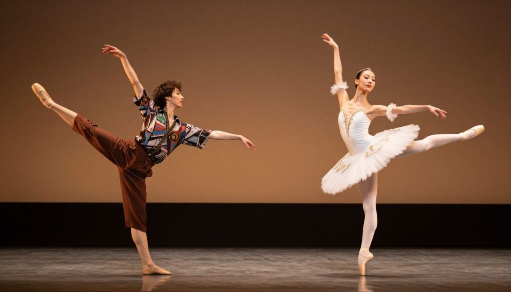 A vibrant comparison of dance and ballet, showcasing two performers side by side in a dynamic split-scene layout. On the left, a contemporary dancer in stylish, flowing attire, demonstrating an expressive, fluid movement that embodies creativity and freedom. On the right, a classically trained ballet dancer in a graceful tutu, executing a precise pirouette with a poised expression, highlighting structure and discipline. The background features an elegant stage with soft, warm lighting that creates a welcoming atmosphere. Use a slightly blurred background to keep focus on the dancers, capturing a moment of contrast between their styles. A wide-angle lens effect adds depth, enhancing the visual distinction between dance and ballet, conveying a sense of clarity and understanding.