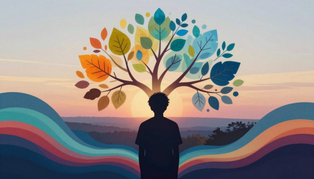 An abstract representation of emotional awareness, featuring a silhouette of a person standing in reflective contemplation, surrounded by a vibrant display of colors representing different emotions—warm hues for joy, cool tones for calmness, and darker shades for sadness. In the foreground, the silhouette is framed by gently swirling, colorful waves symbolizing the complexity of emotions. In the middle, illustrate intertwined branches of a tree bursting with leaves in various shades, signifying growth and understanding. The background depicts a serene landscape at dawn, with soft, diffused light illuminating the scene, creating a tranquil and introspective atmosphere. Capture a harmonious blend of art and nature, evoking curiosity and introspection.